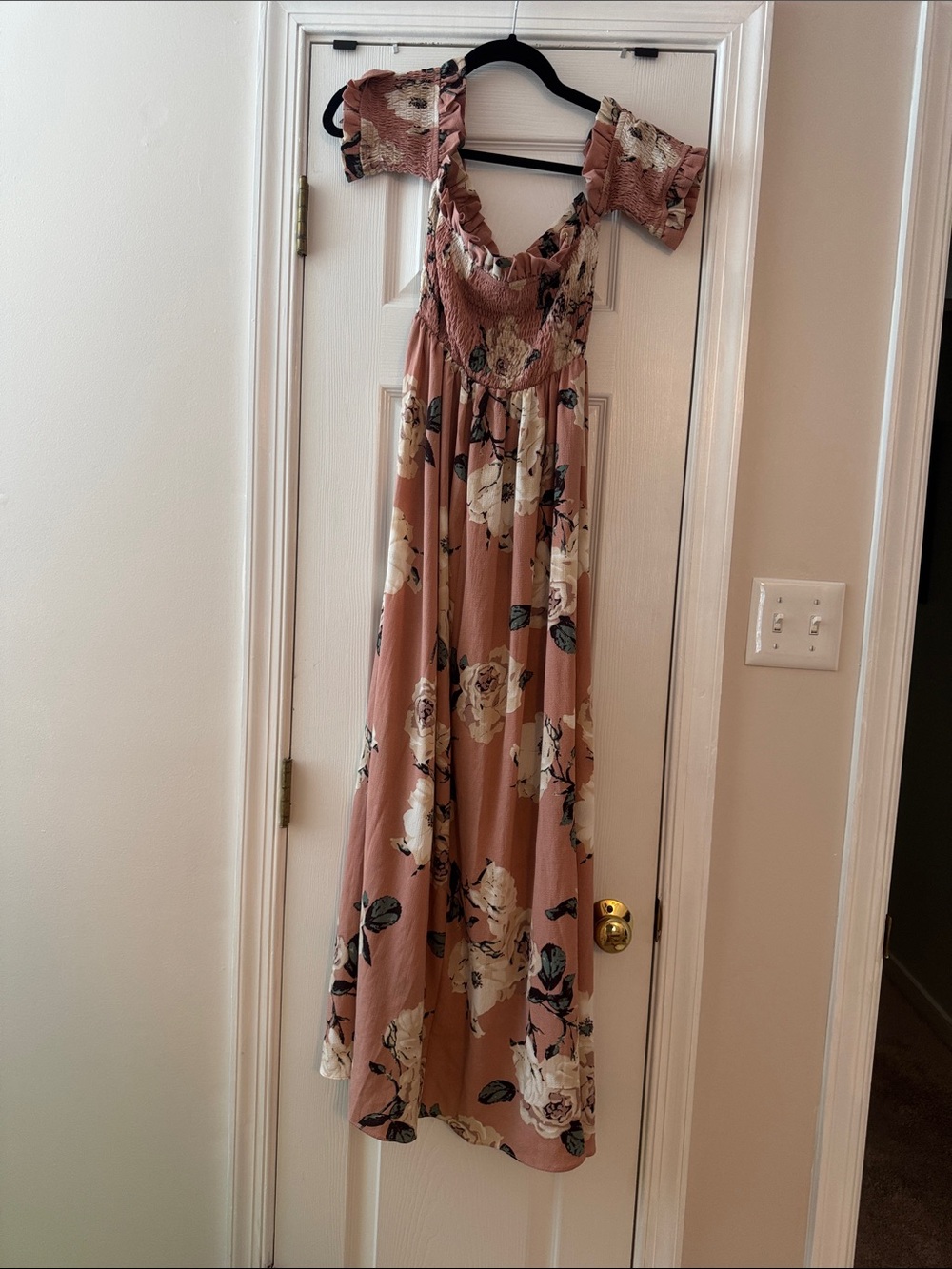 Blush Floral Maxi Dress with Ruffled Off-Shoulder